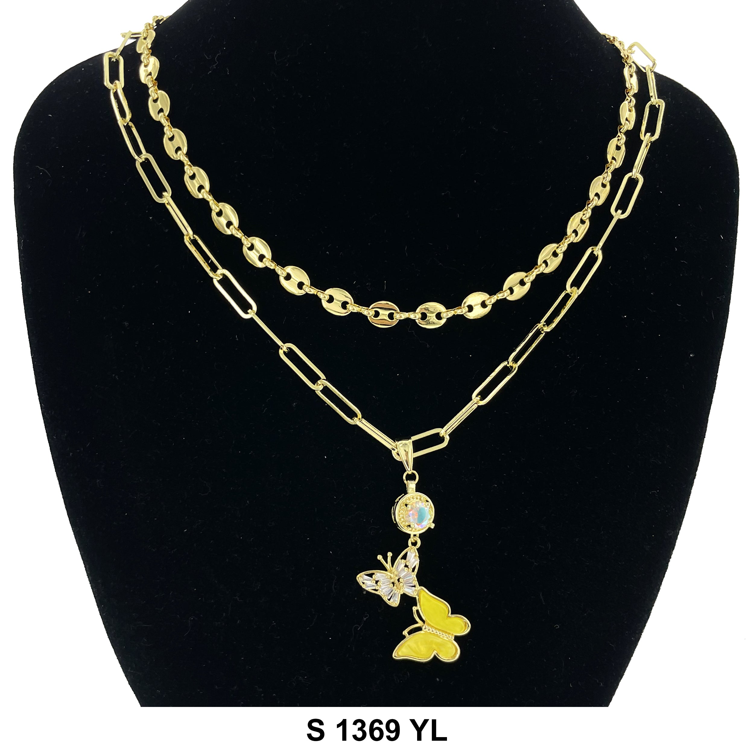 2-Layer Double Butterfly Round Stone Necklace Set S 1369 YL