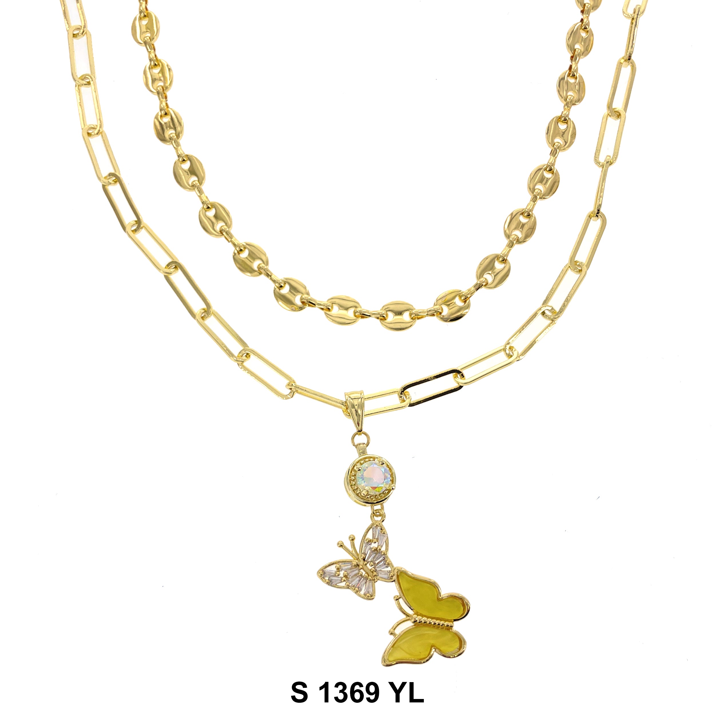 2-Layer Double Butterfly Round Stone Necklace Set S 1369 YL