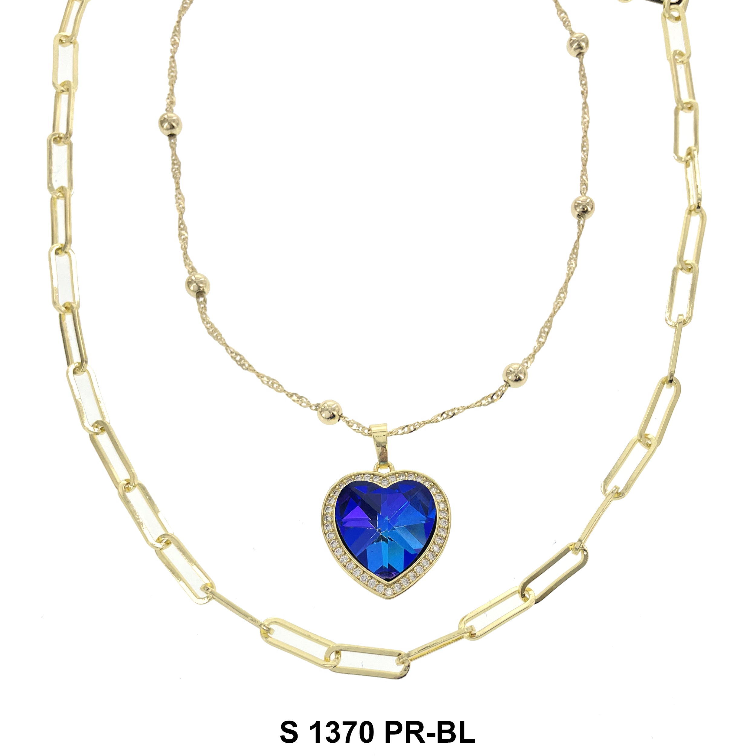 2-Layer Heart Stoned Necklace Set S 1370 PR-BL