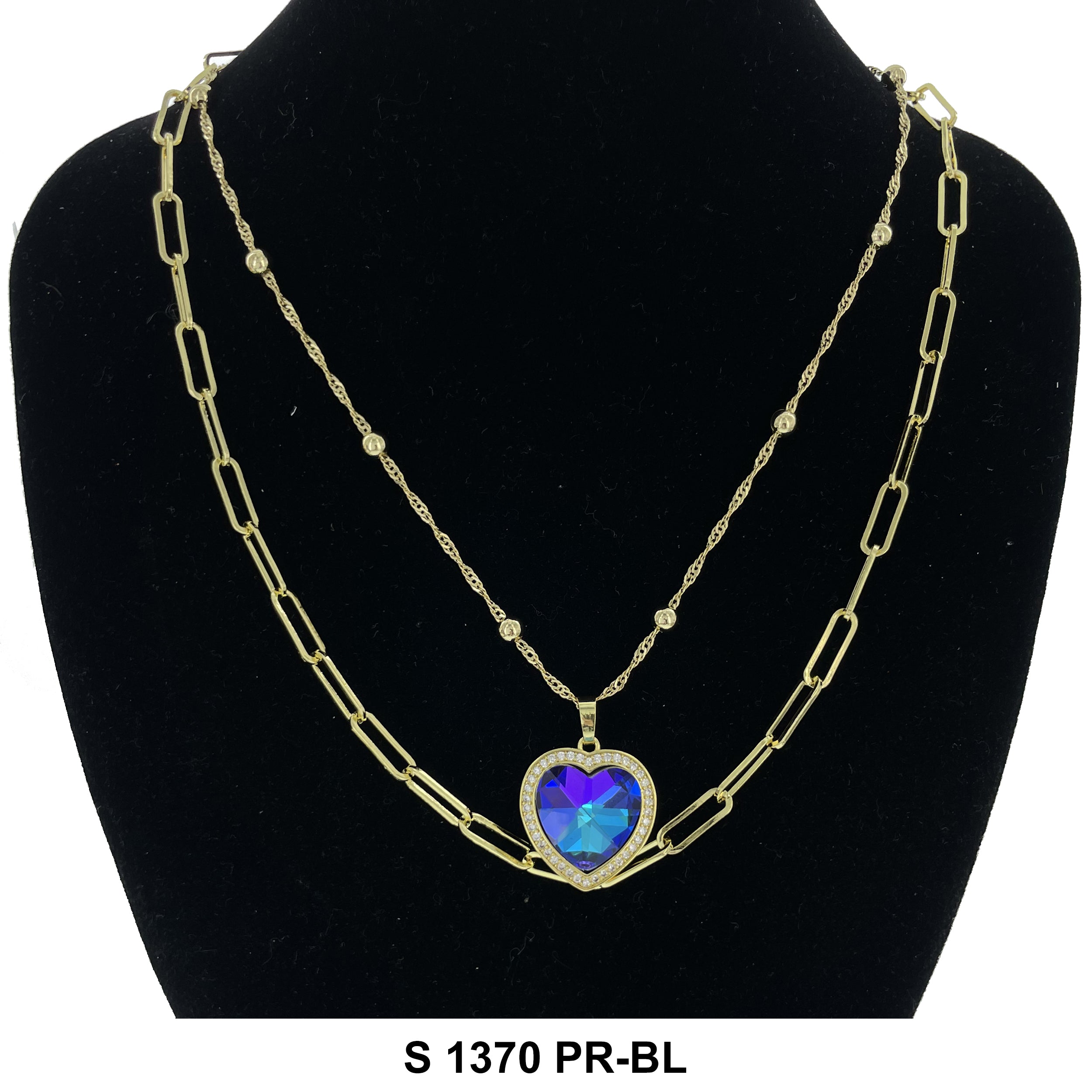 2-Layer Heart Stoned Necklace Set S 1370 PR-BL