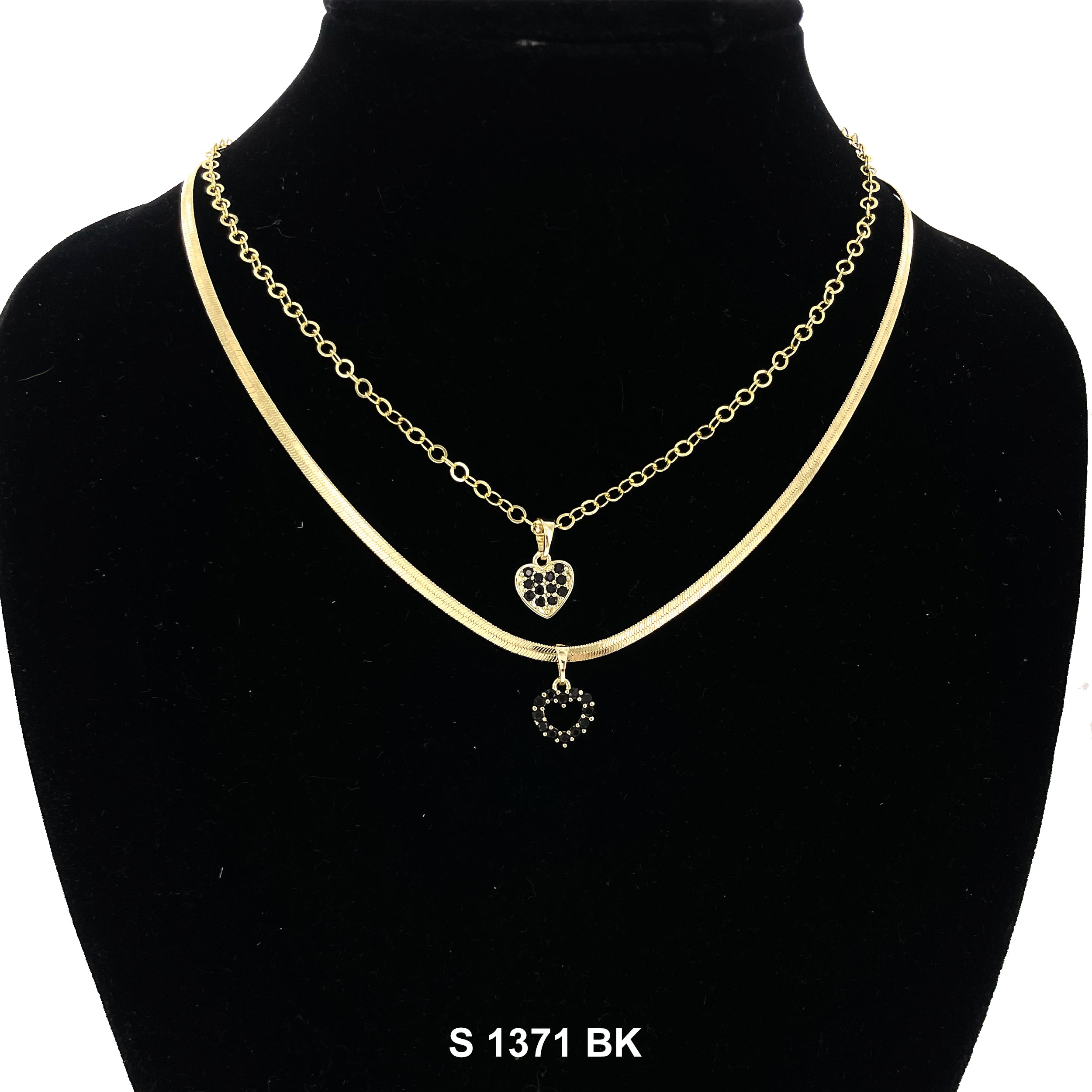 2-Layer Double Heart Stoned Necklace Set S 1371 BK