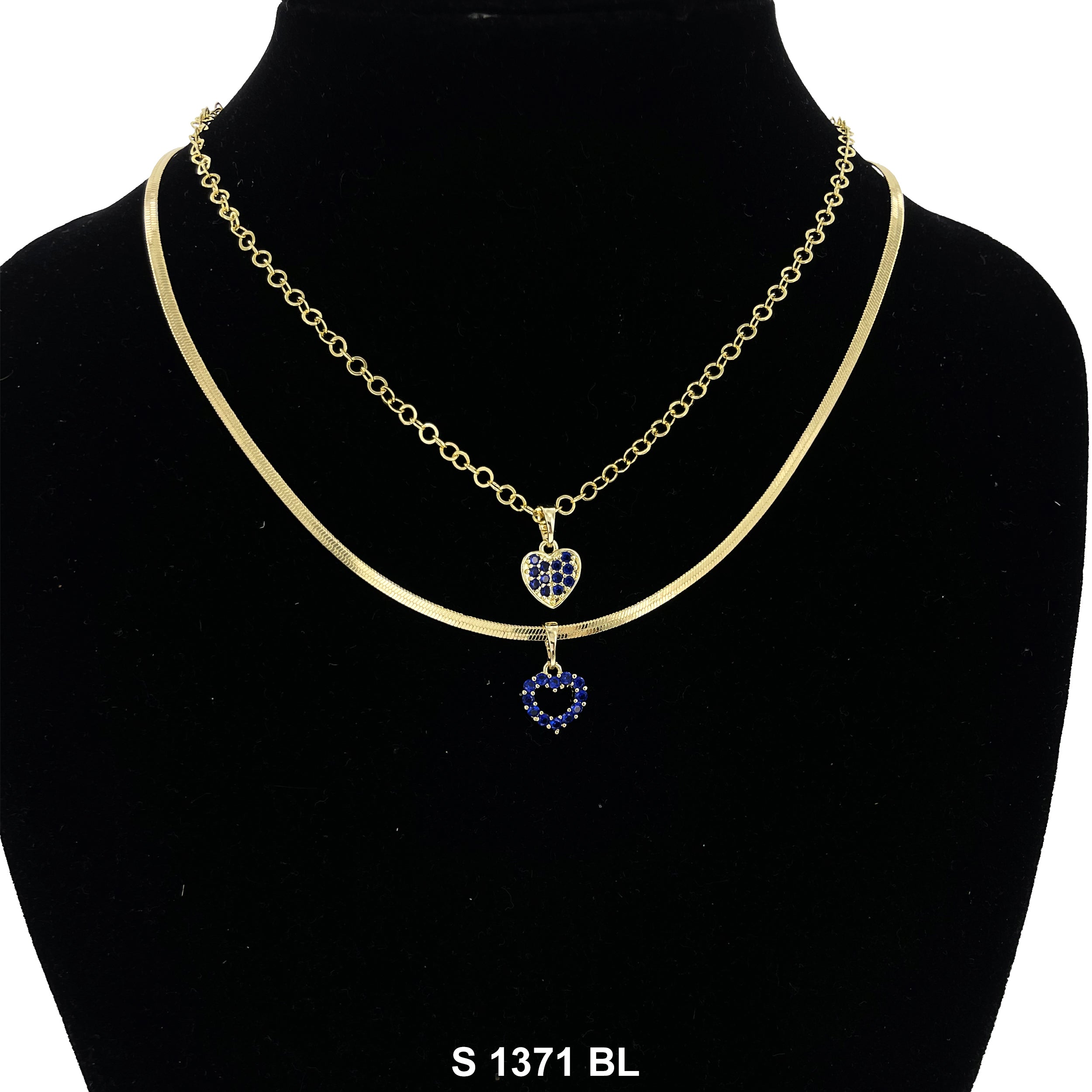 2-Layer Double Heart Stoned Necklace Set S 1371 BL