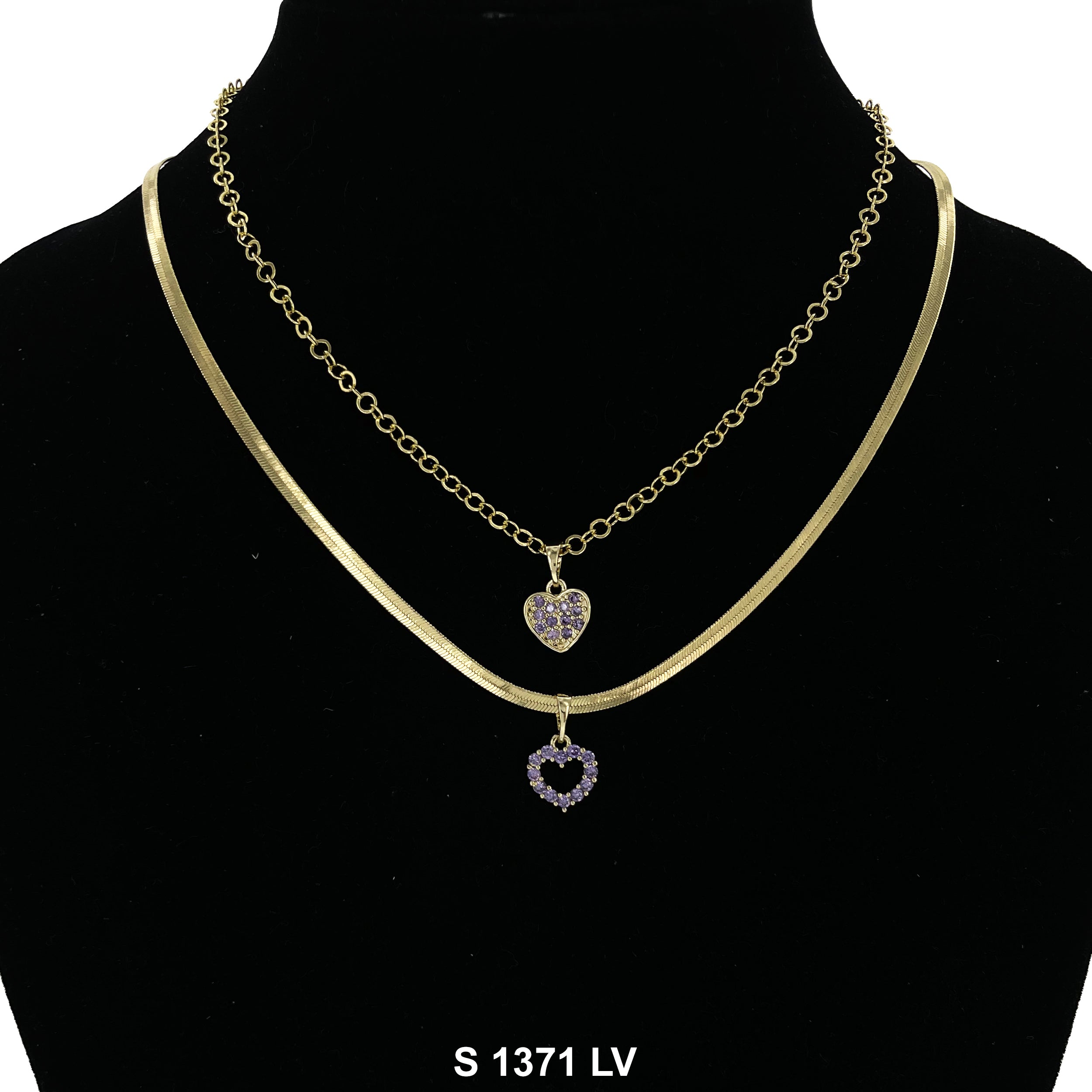 2-Layer Double Heart Stoned Necklace Set S 1371 LV