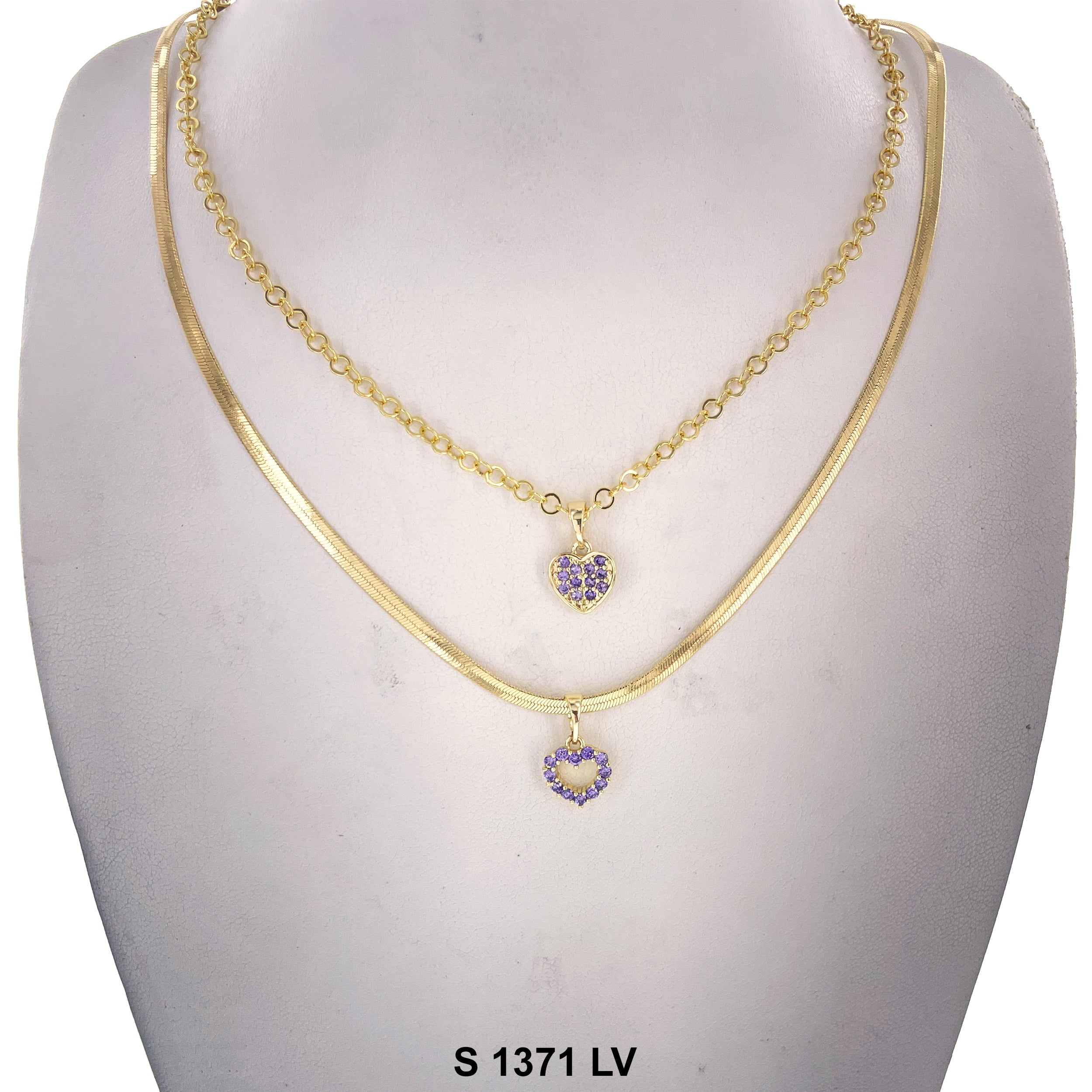 2-Layer Double Heart Stoned Necklace Set S 1371 LV