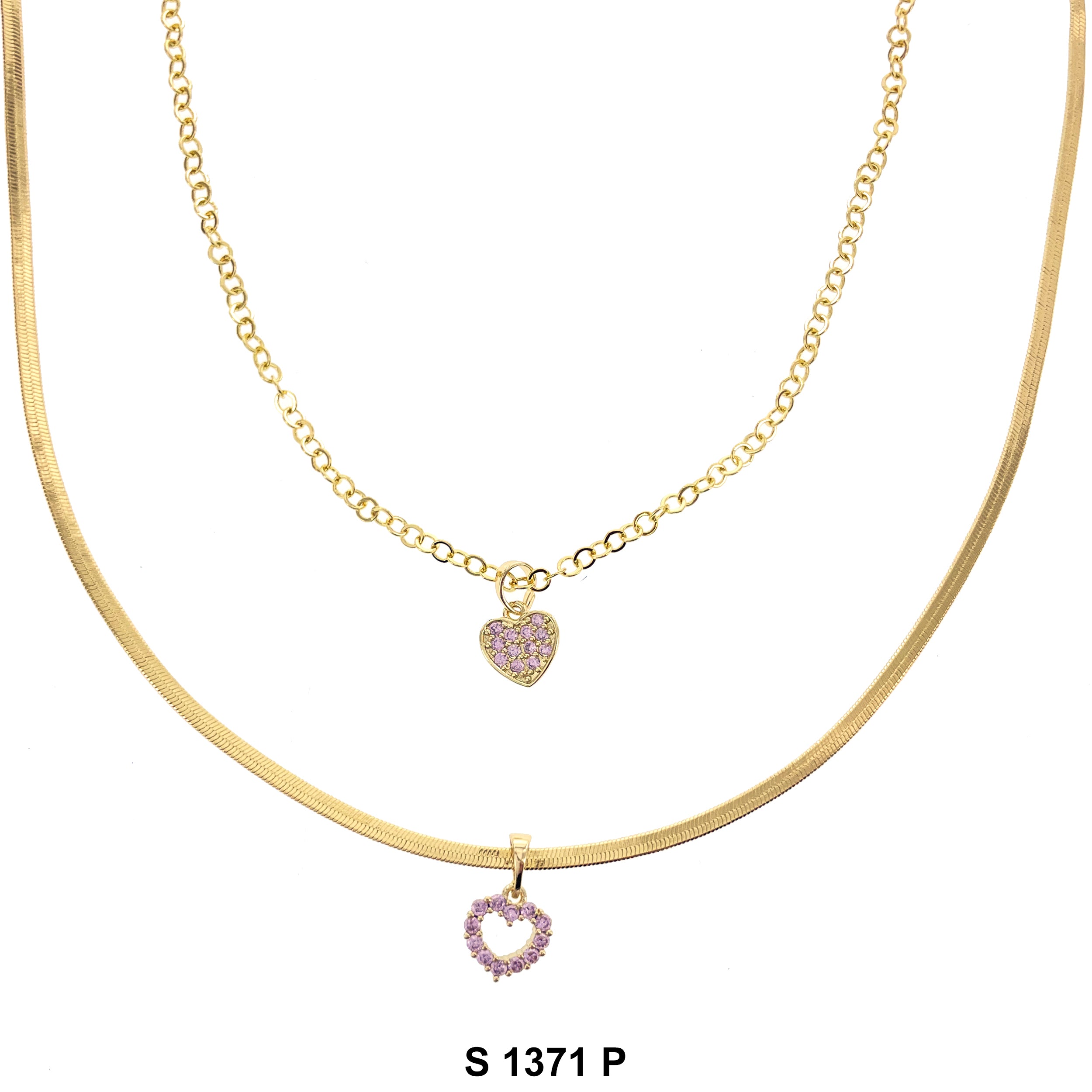 2-Layer Double Heart Stoned Necklace Set S 1371 P