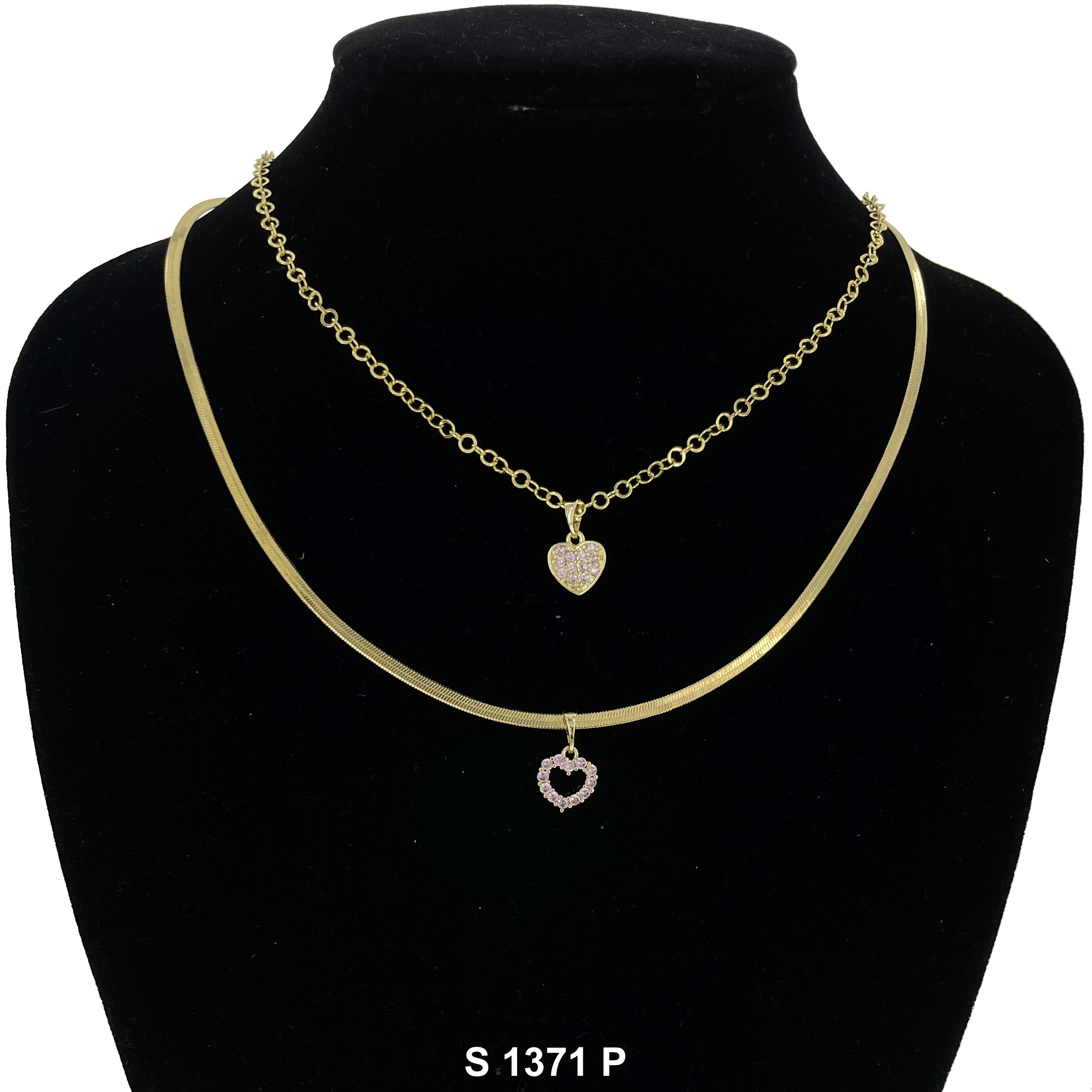 2-Layer Double Heart Stoned Necklace Set S 1371 P