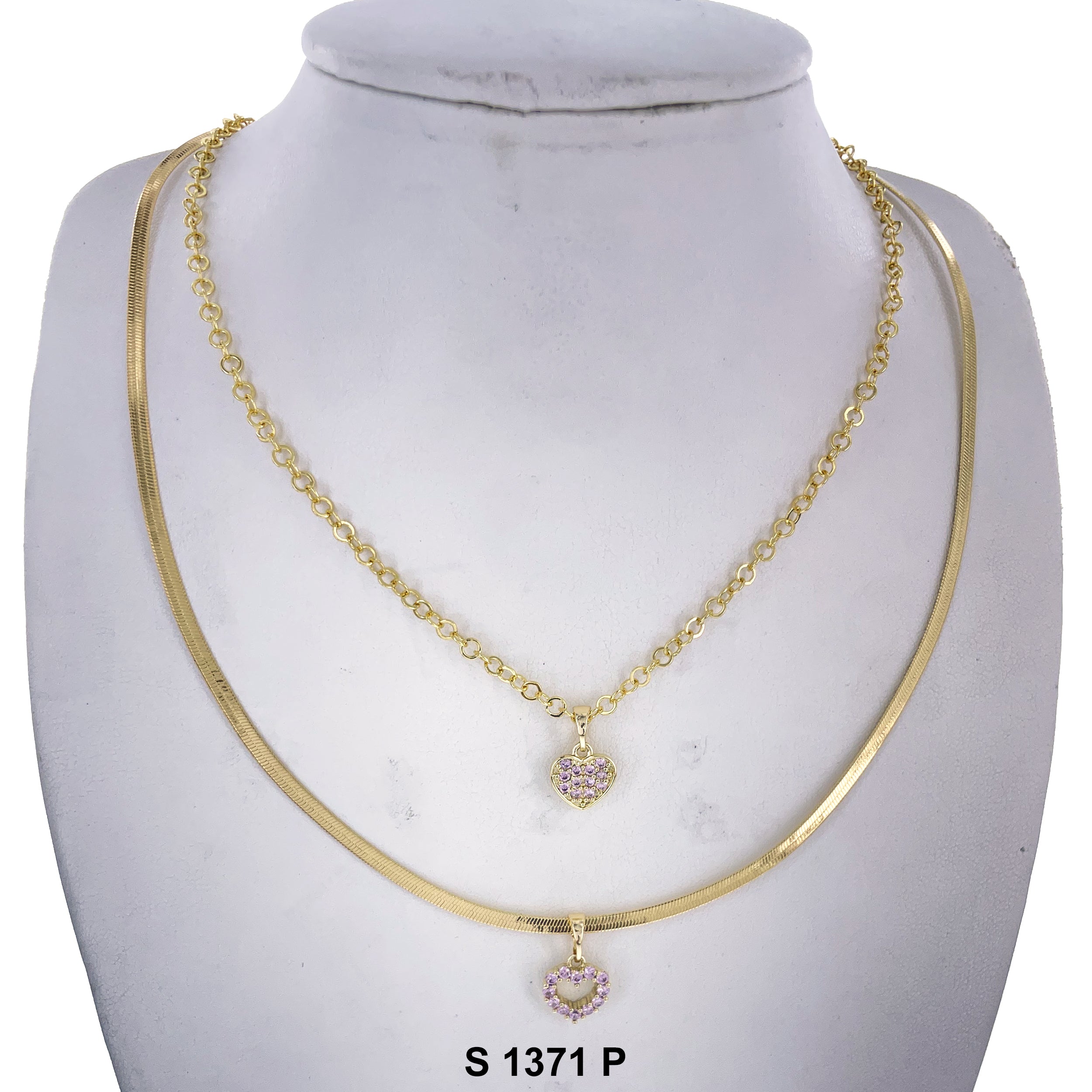 2-Layer Double Heart Stoned Necklace Set S 1371 P