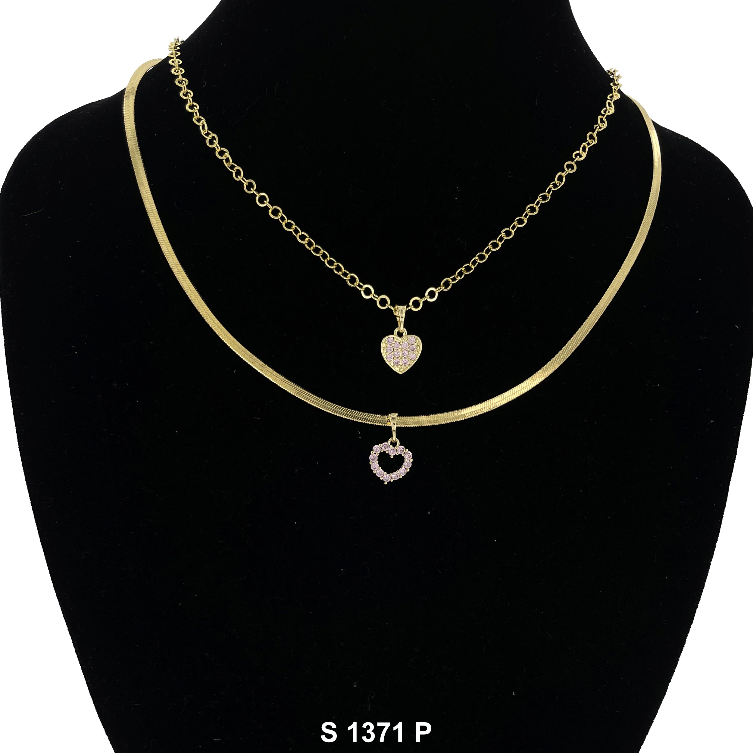 2-Layer Double Heart Stoned Necklace Set S 1371 P