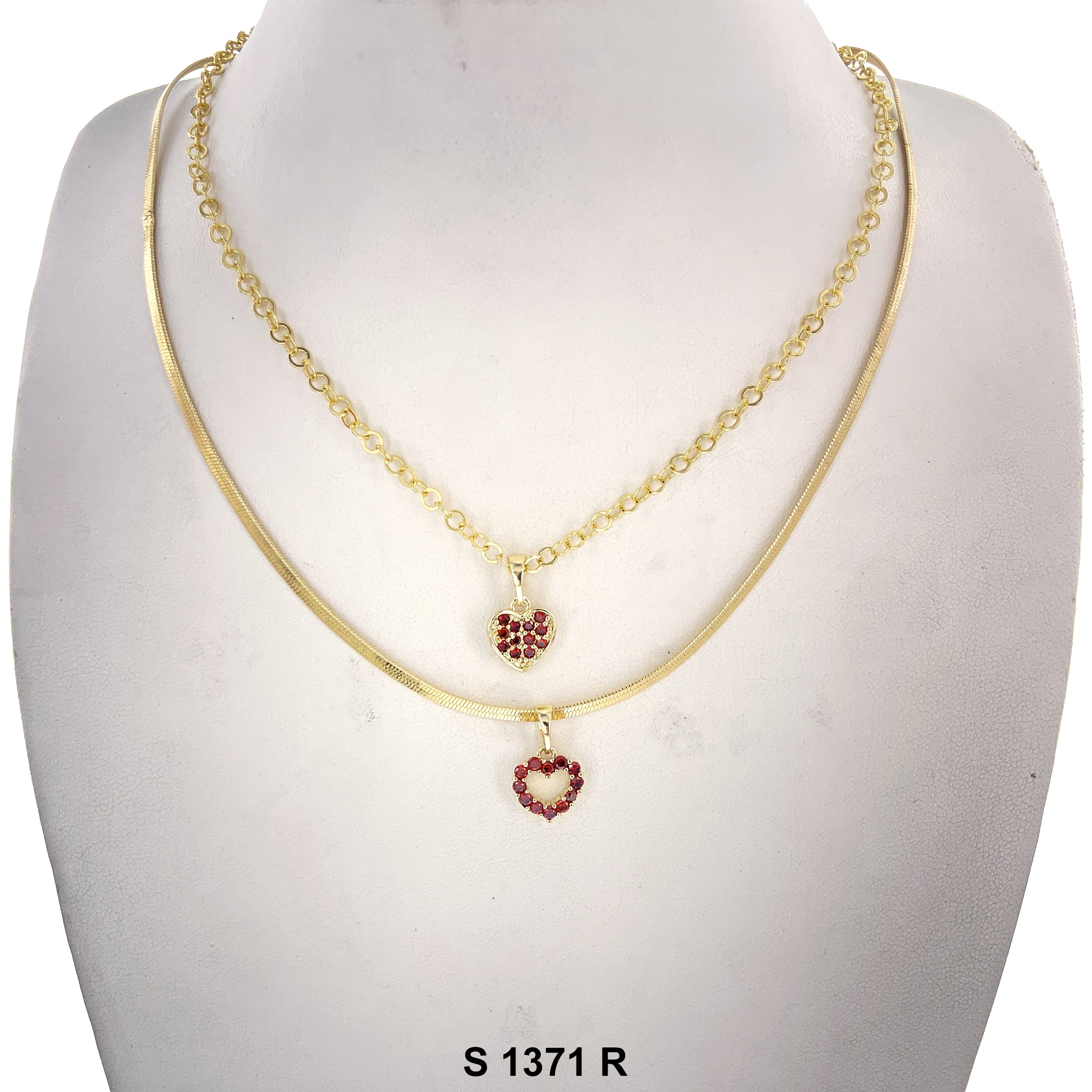 2-Layer Double Heart Stoned Necklace Set S 1371 R