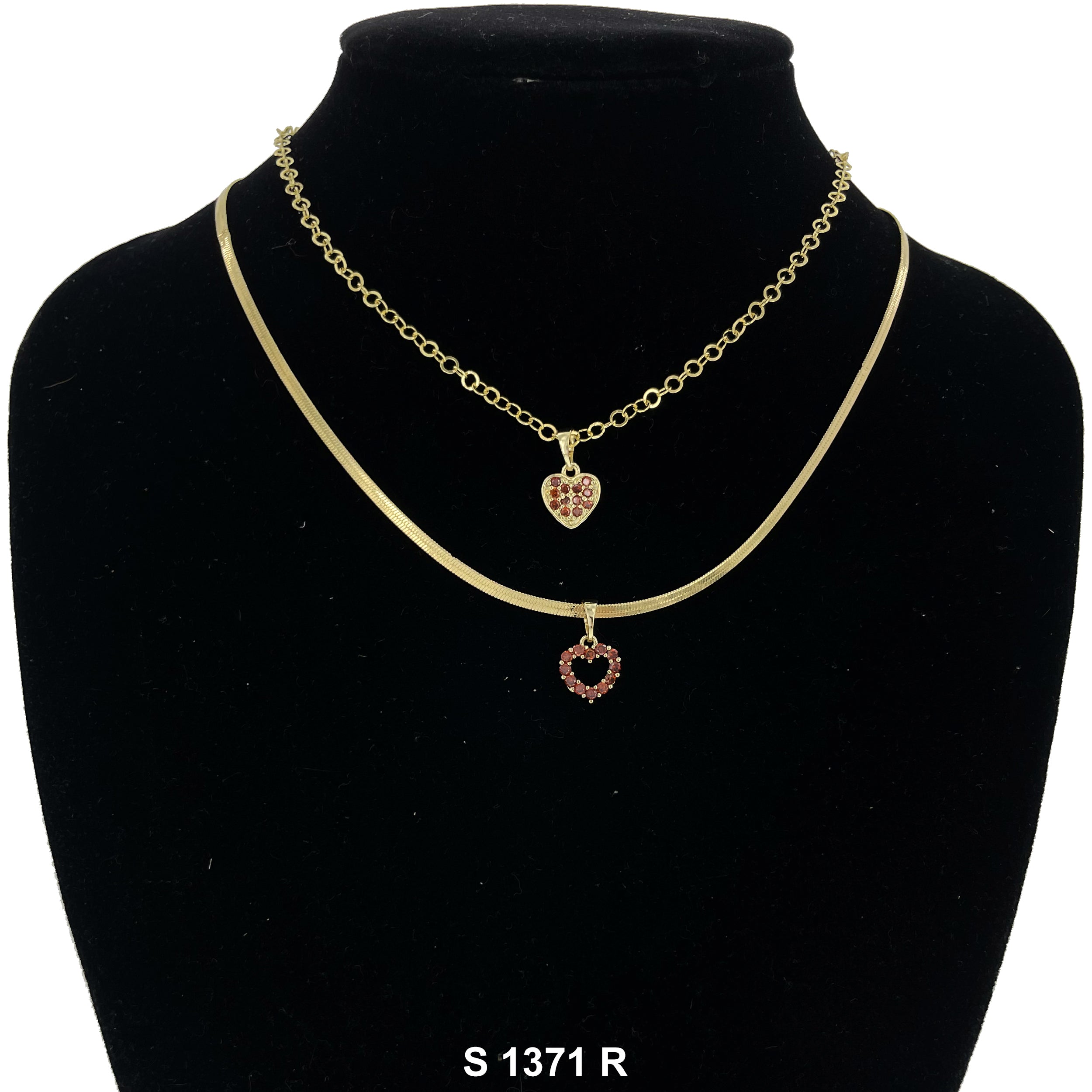 2-Layer Double Heart Stoned Necklace Set S 1371 R