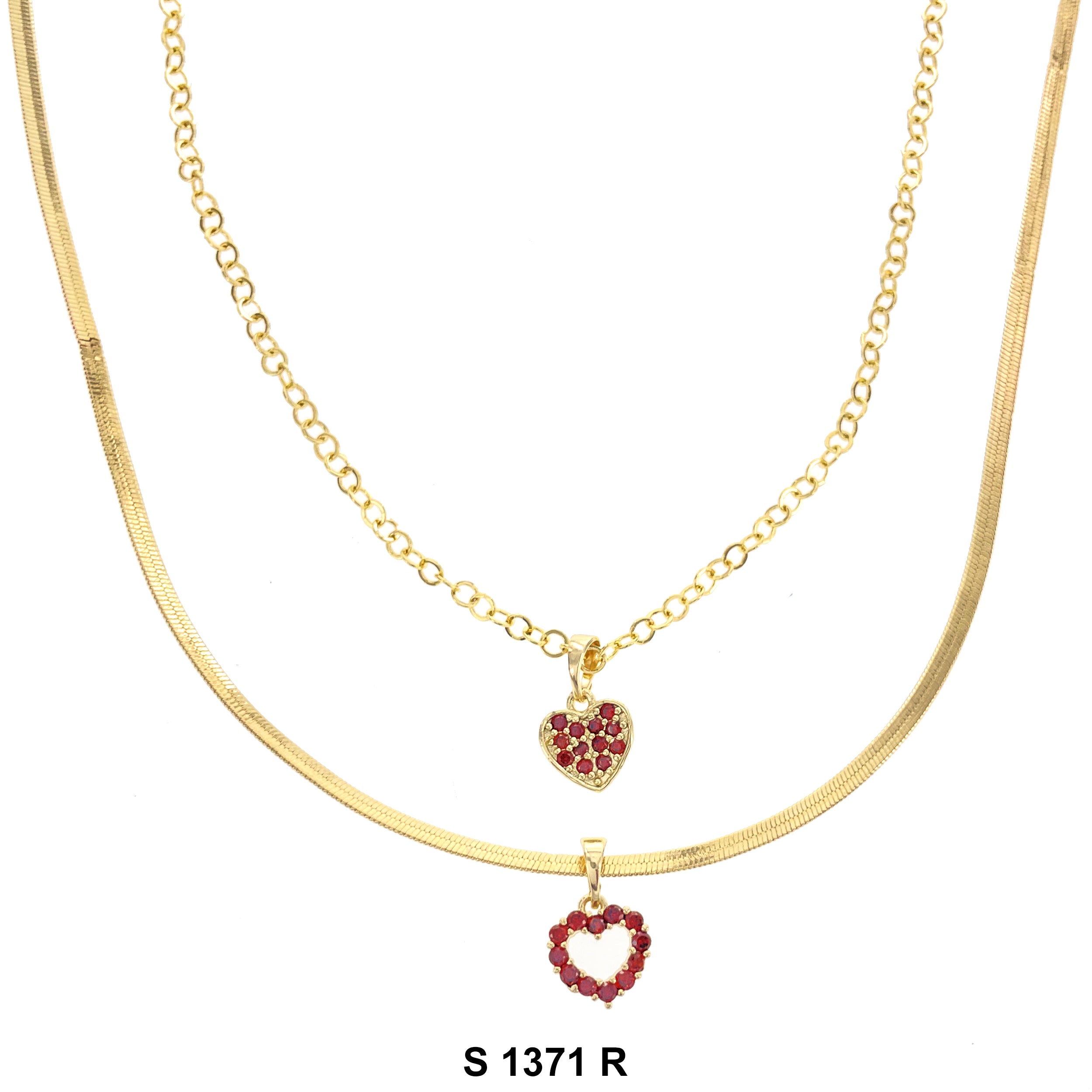 2-Layer Double Heart Stoned Necklace Set S 1371 R