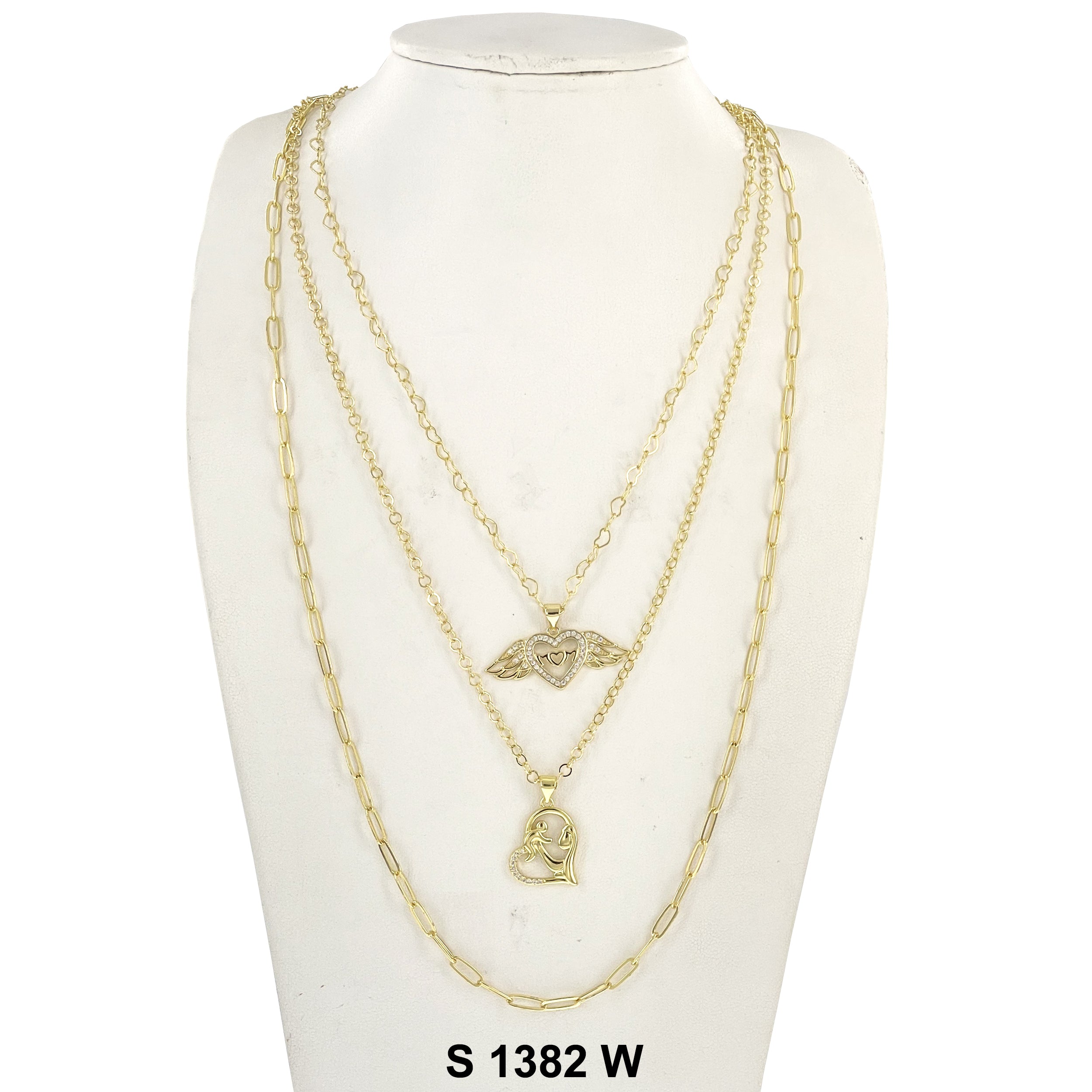 3-Layer Winged Double Heart Mom Necklace Set S 1382 W