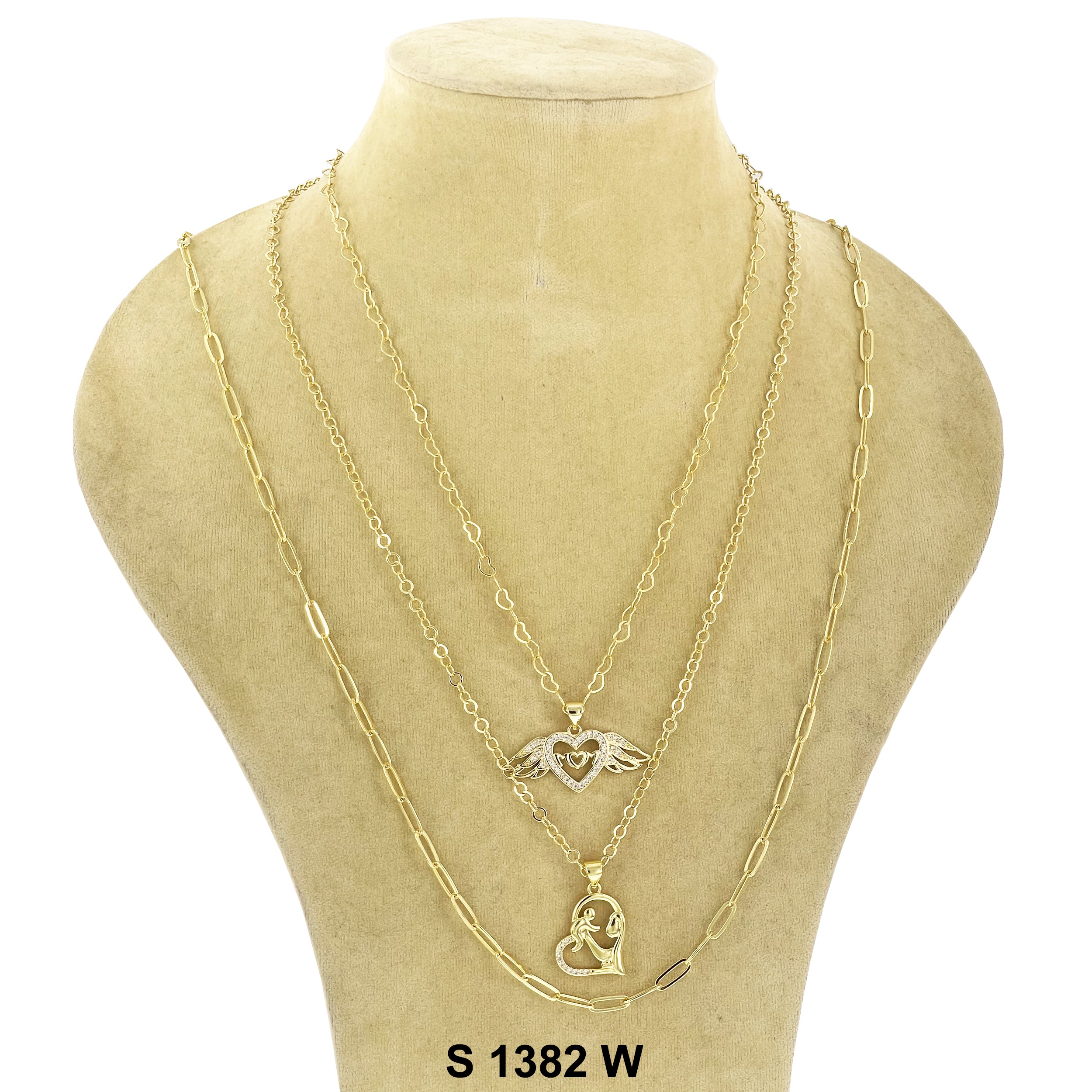 3-Layer Winged Double Heart Mom Necklace Set S 1382 W