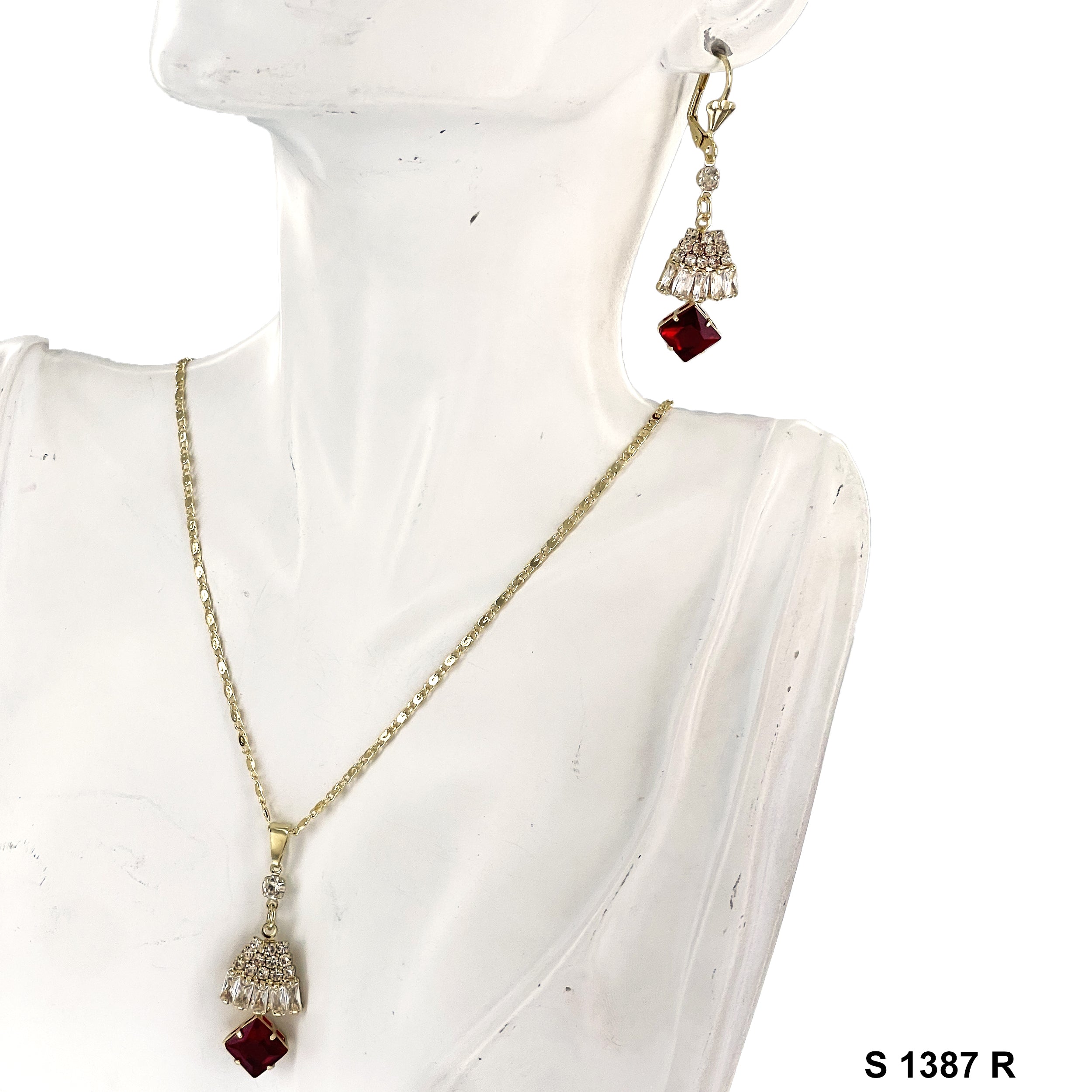 Skirt Shaped Diamond Stoned Necklace Set S 1387 R