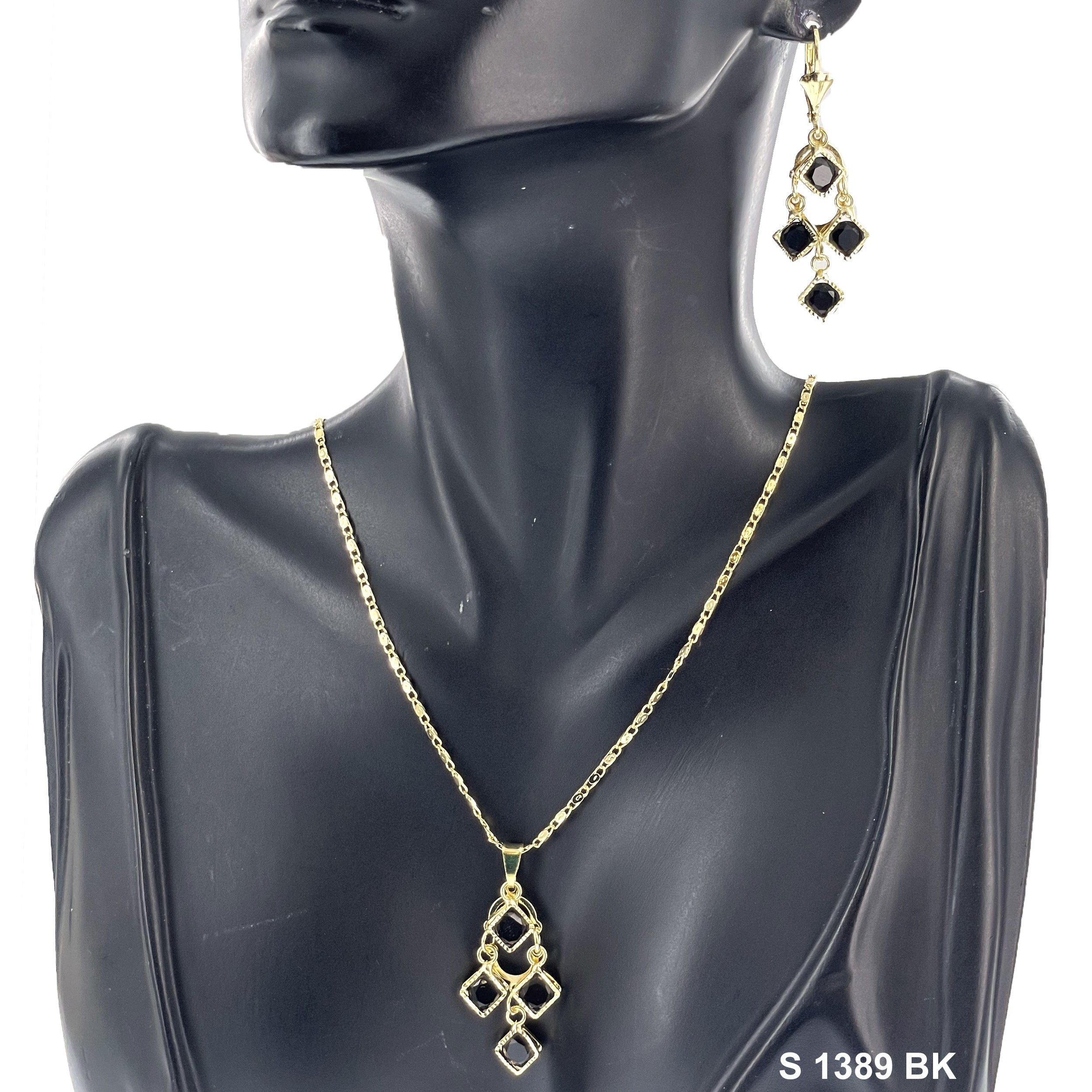 Dangling Square Stone Necklace Set S 1389 BK