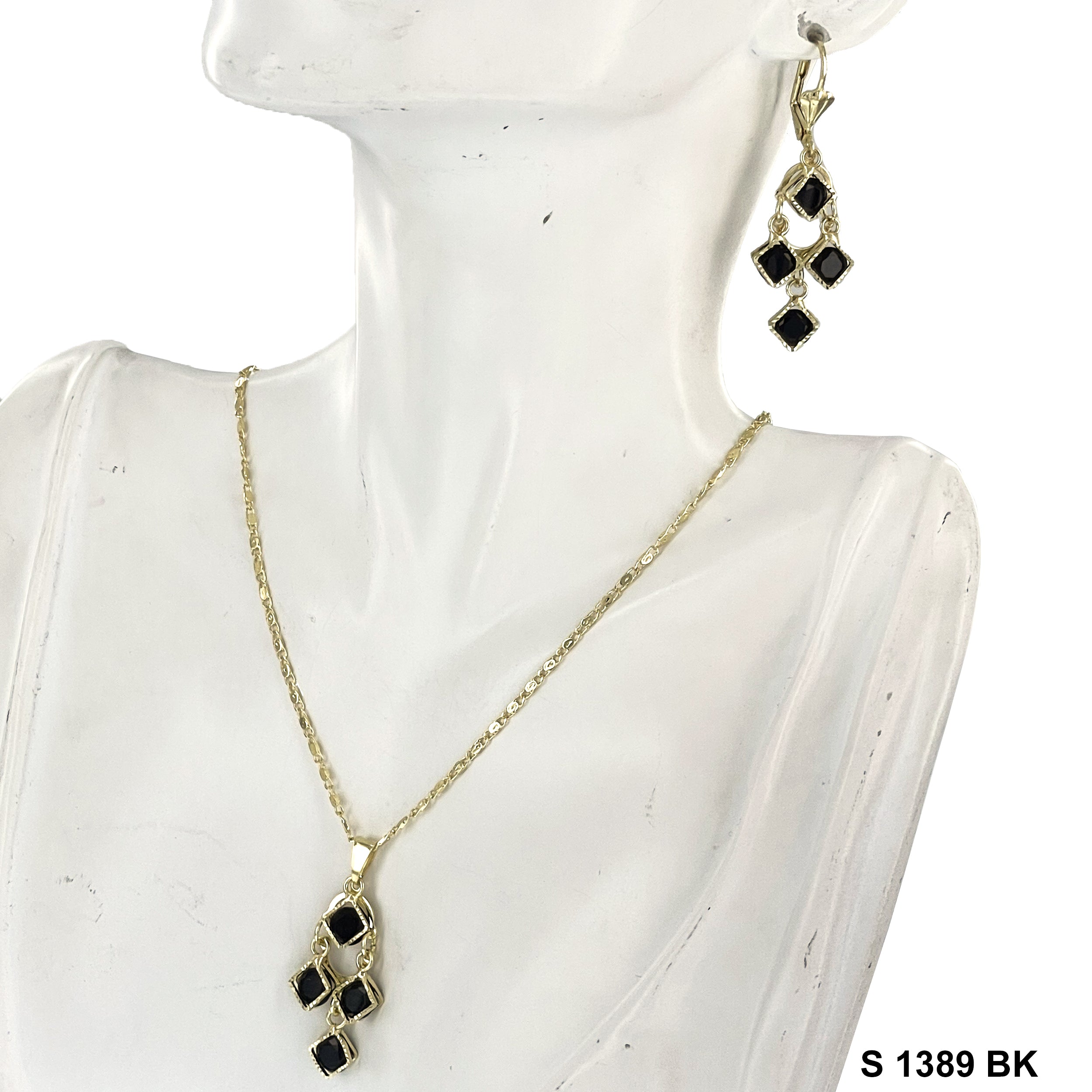 Dangling Square Stone Necklace Set S 1389 BK