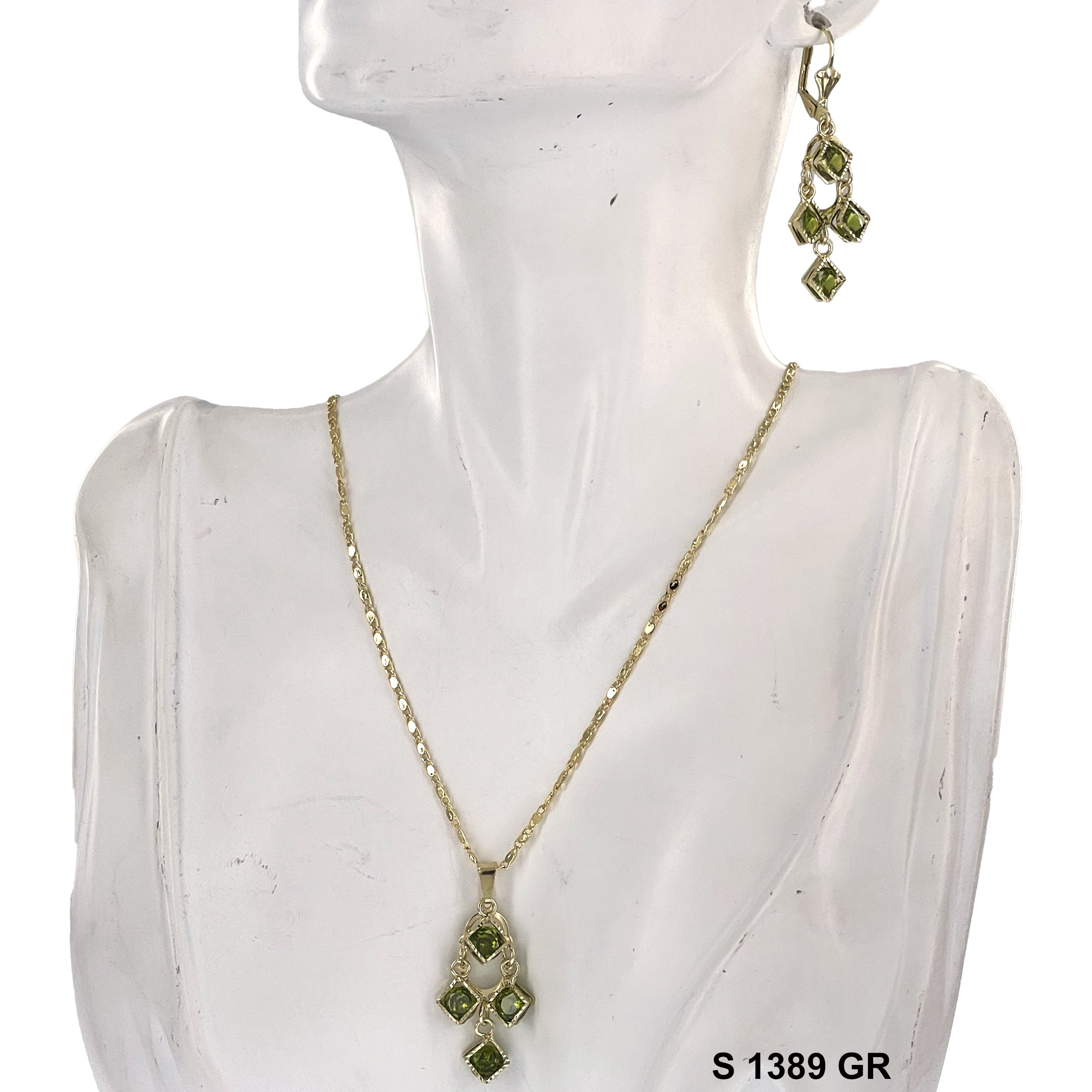 Dangling Square Stone Necklace Set S 1389 GR