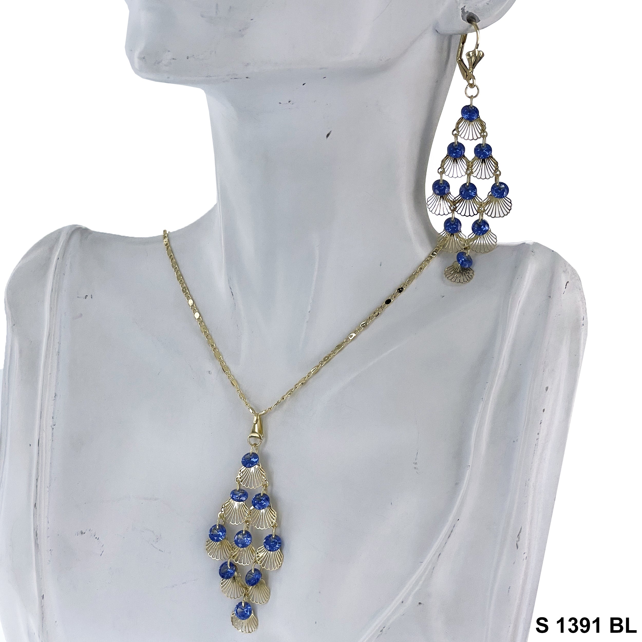 Clamshell Stoned Necklace Set S 1391 BL