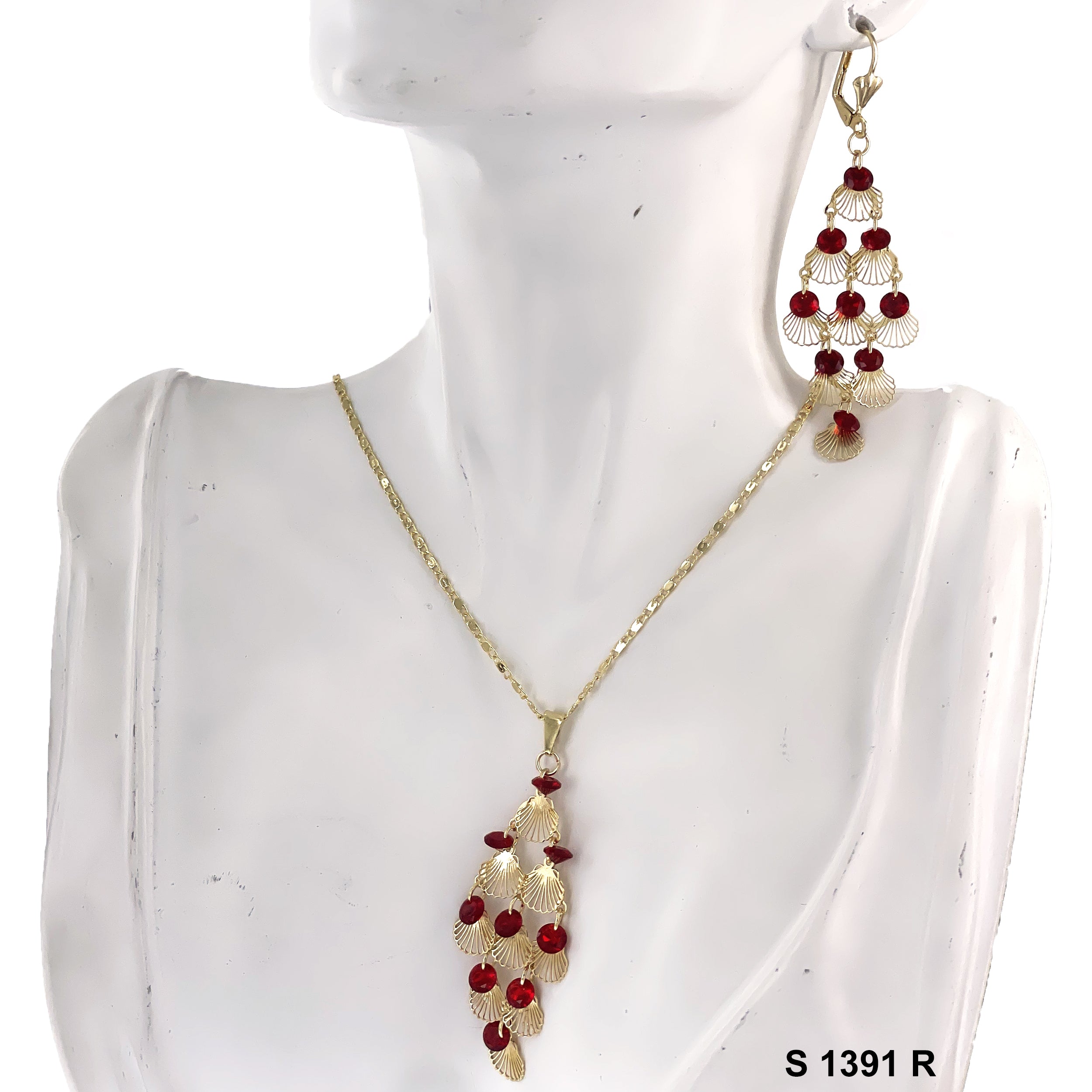 Clamshell Stoned Necklace Set S 1391 R