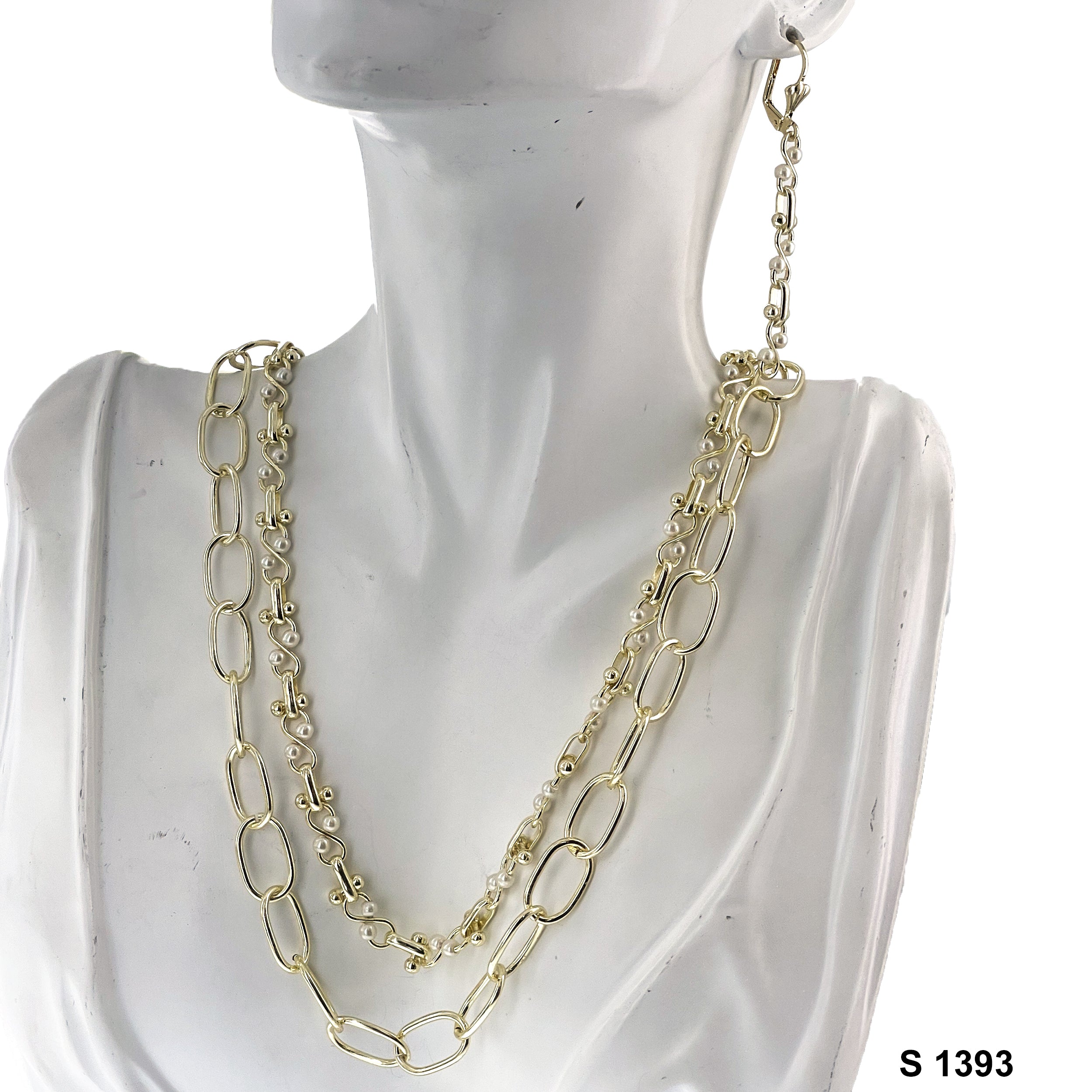 2-Layer Faux Pearl Earring Necklace Set S 1393