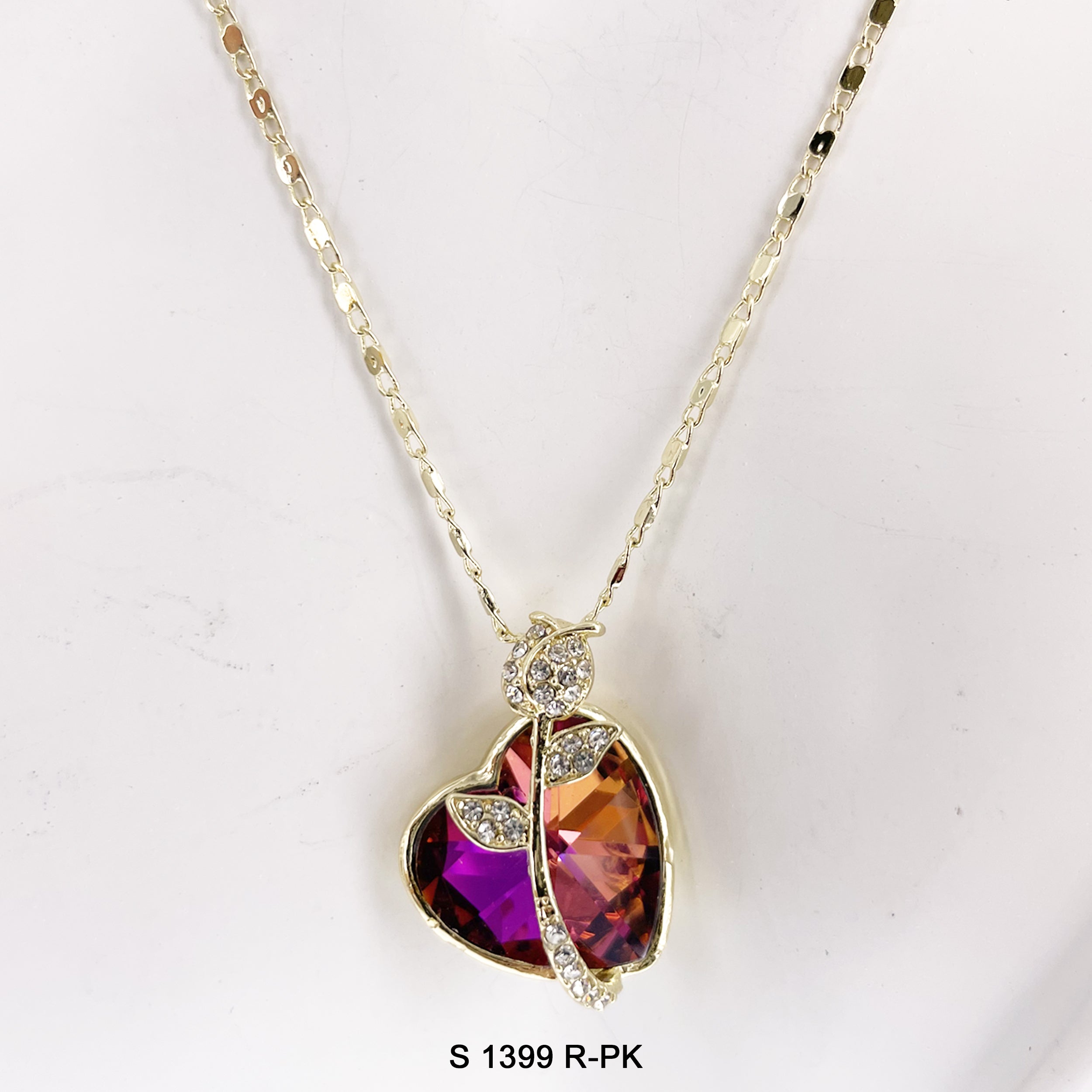 Rose On Heart Pendant Necklace Set S 1399 R-PK