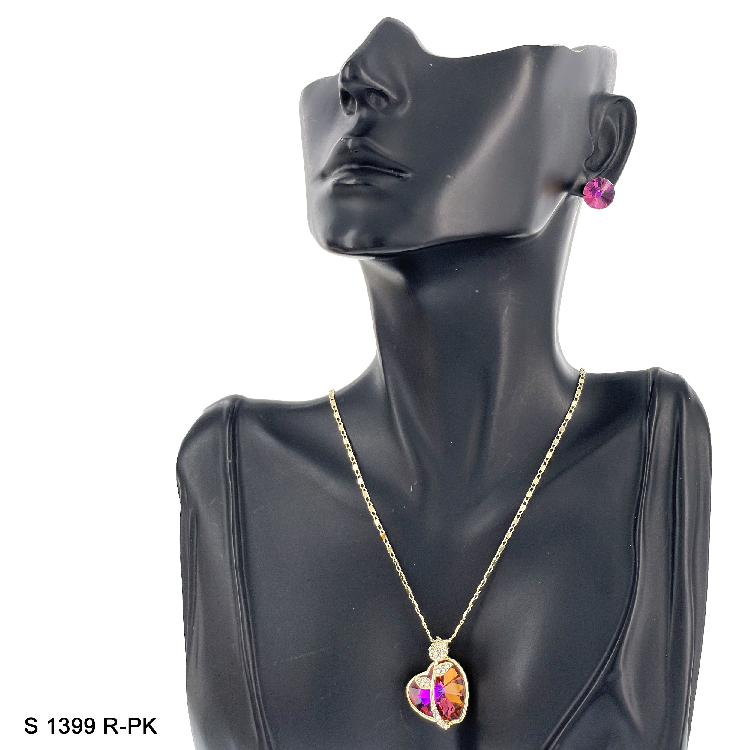 Rose On Heart Pendant Necklace Set S 1399 R-PK