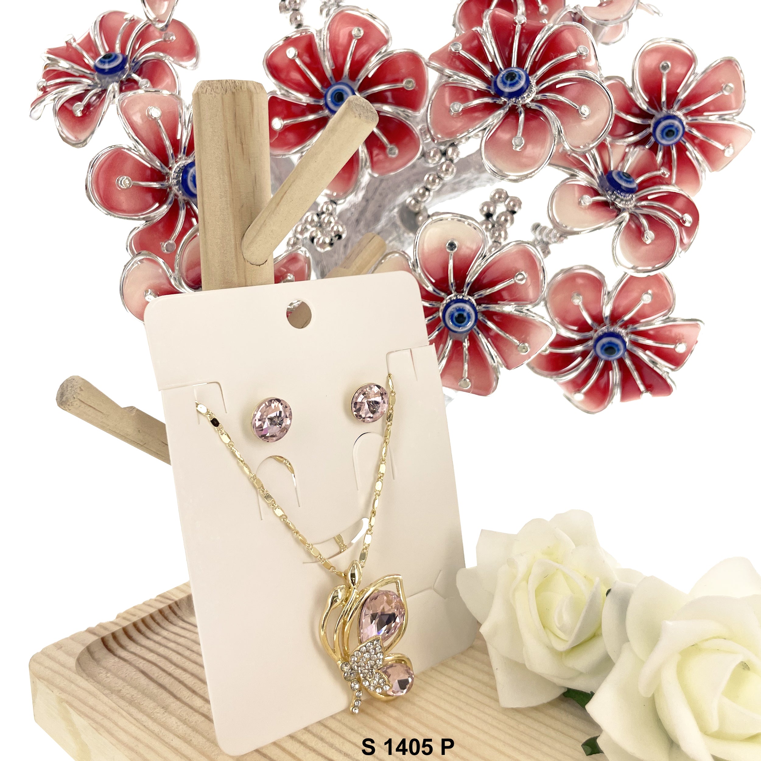 Butterfly Stoned Pendant Necklace Set S 1405 P