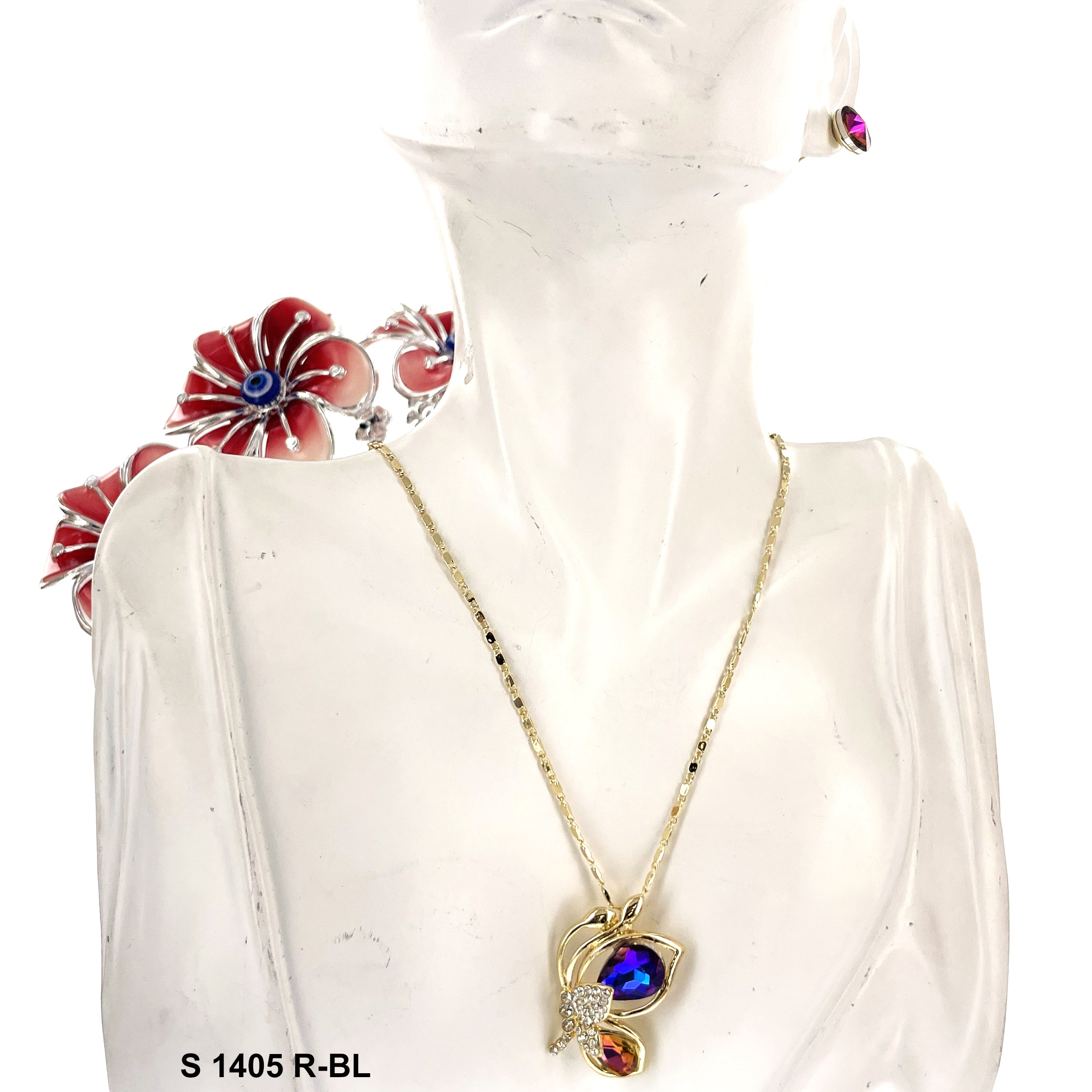 Butterfly Stoned Pendant Necklace Set S 1405 R-BL