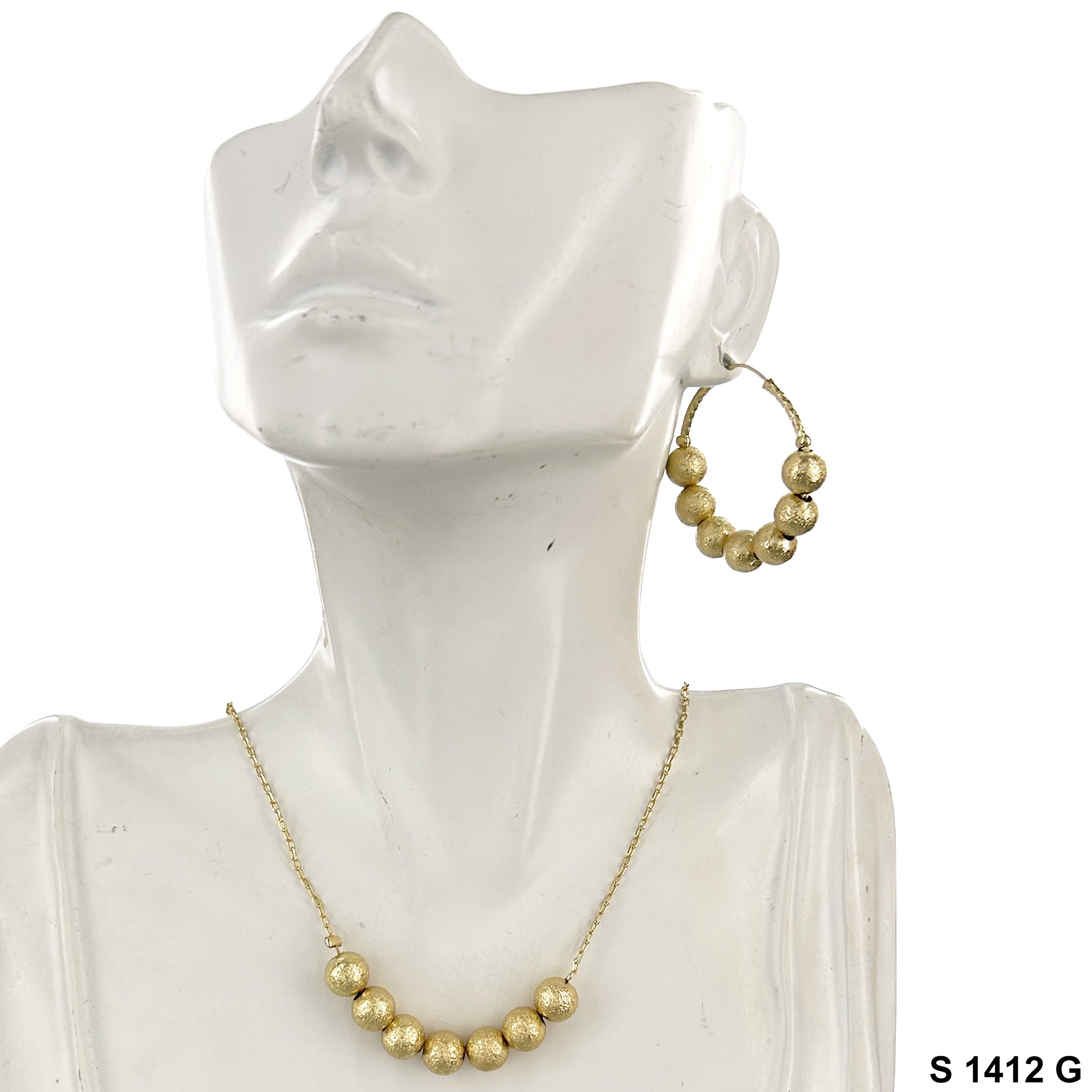 Diamond Cut Bead Hoops And Necklace Set S 1412 G