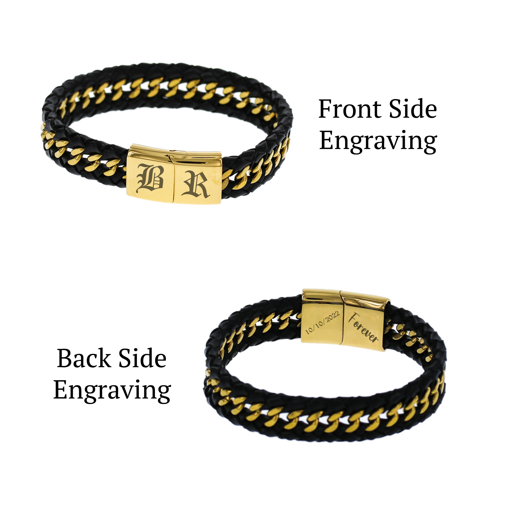 Engraved Black Leather with Gold Cuban Braided Bracelet KCBB 1