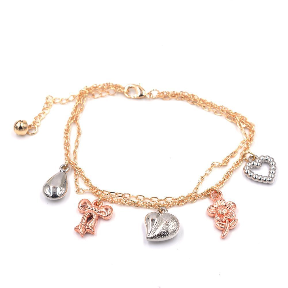 Double Chain Hearts And Flower Anklet A 1017
