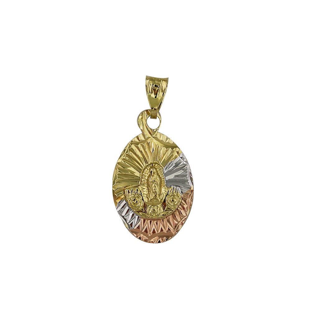 Oval Guadalupe With Flowers 3 Diamond Cut Pendant PD2D22