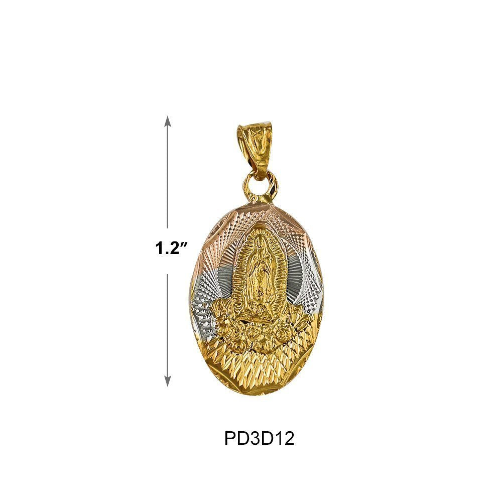 Oval Guadalupe With Flowers 2 Diamond Cut Pendant PD3D12