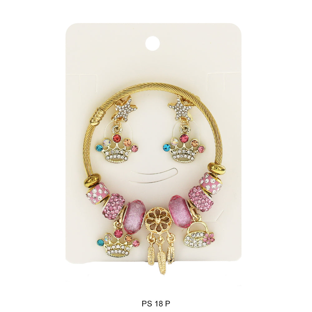 Hanging Charms Bracelet With Stud Earrings PS 18 P