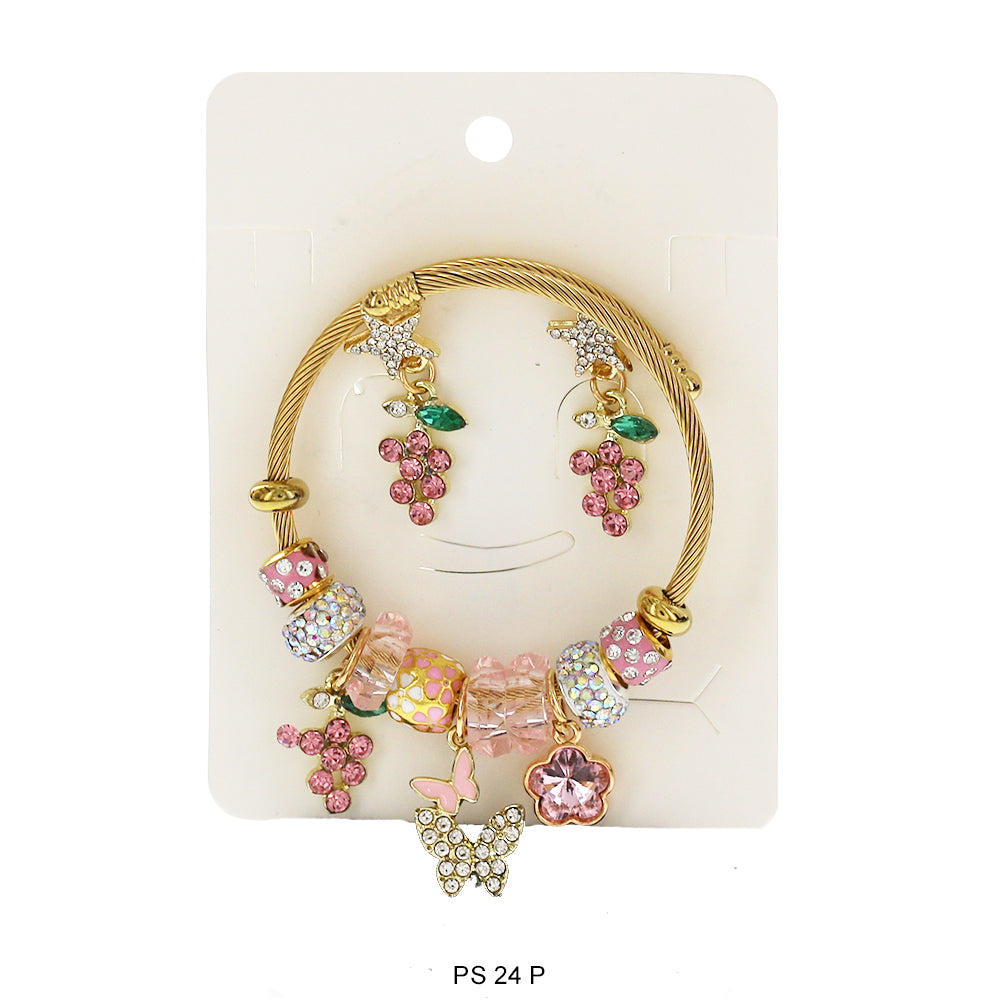 Hanging Charms Bracelet With Stud Earrings PS 24 P