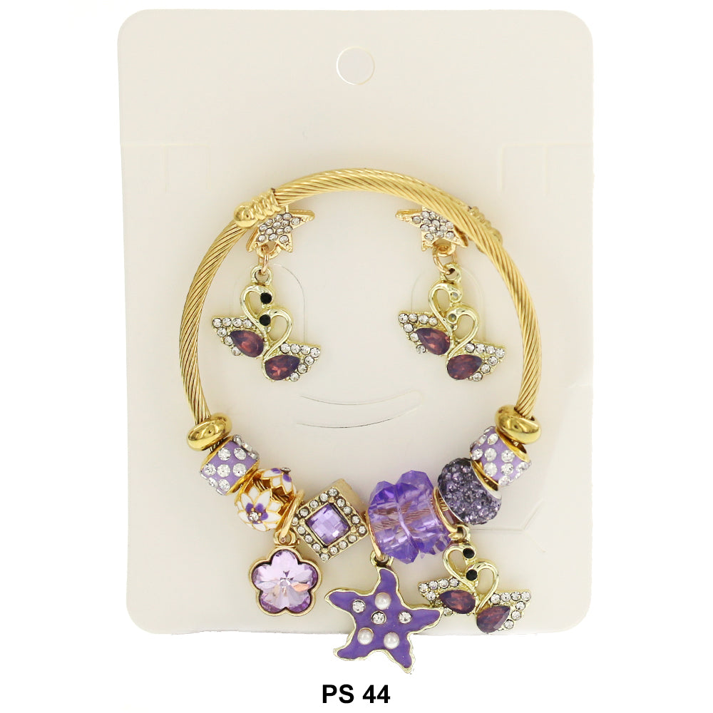 Hanging Charms Bracelet With Stud Earrings PS 44