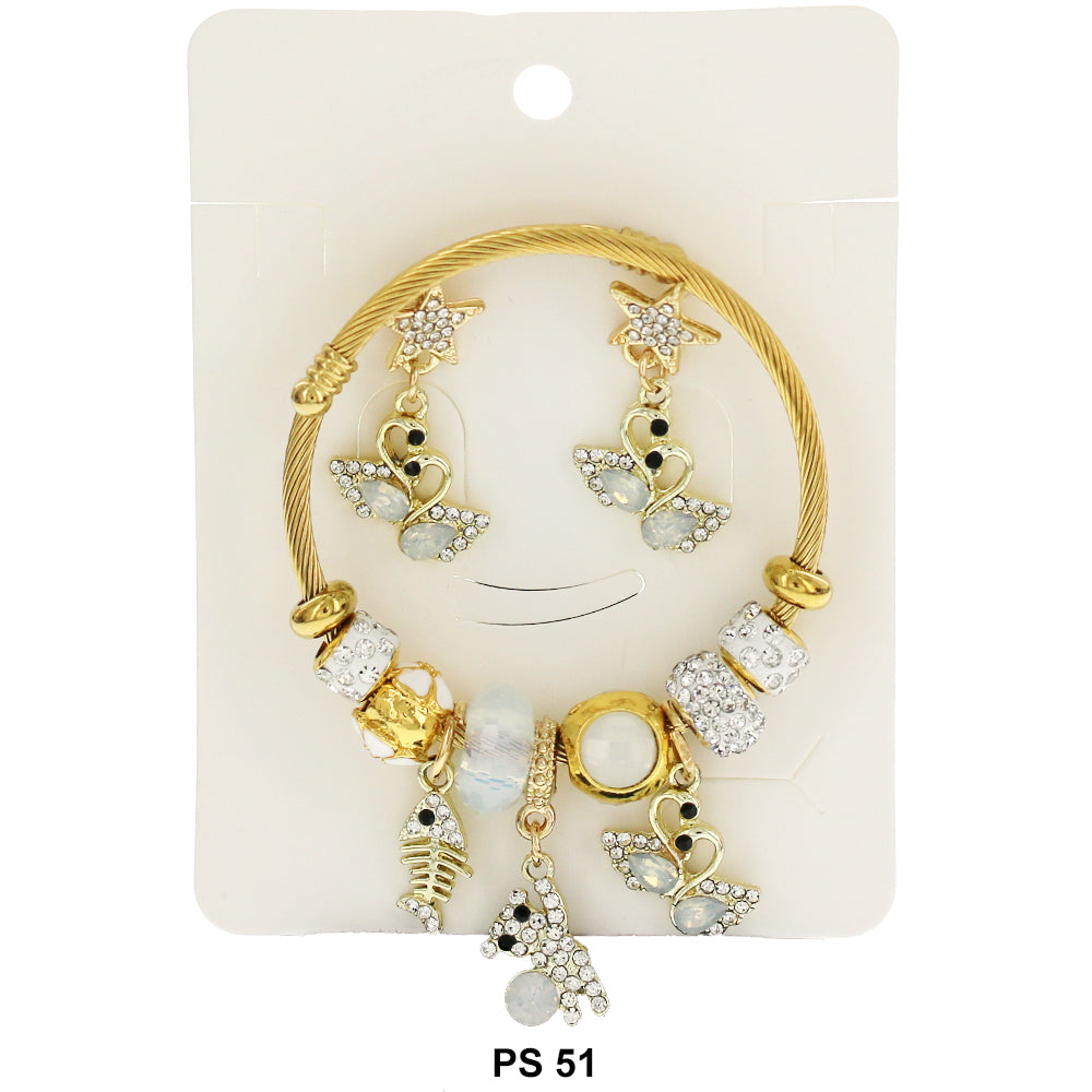 Hanging Charms Bracelet With Stud Earrings PS 51