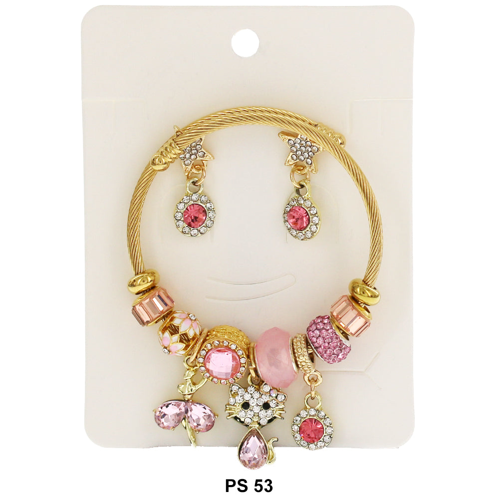 Hanging Charms Bracelet With Stud Earrings PS 53