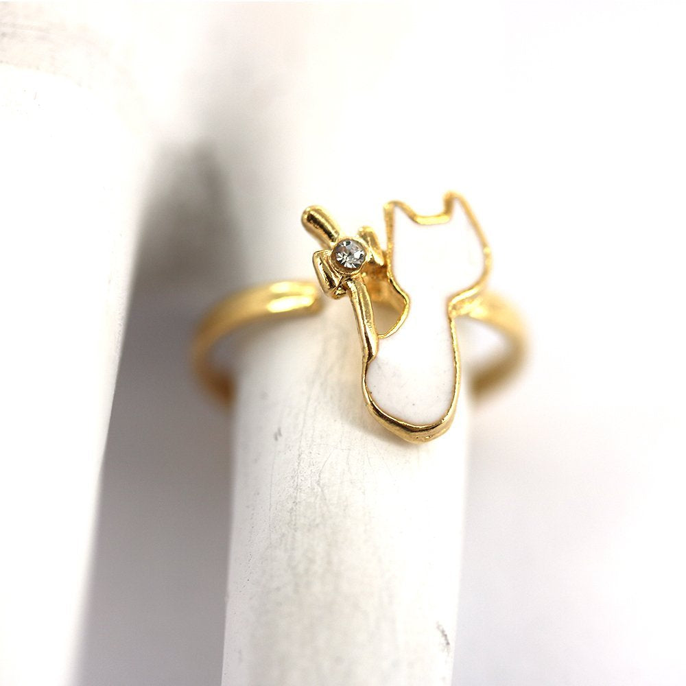 Anillo Ajustable Niño Gato Blanco Baño Oro R0020